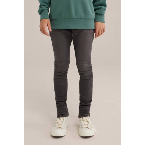 WE Fashion skinny jeans black faded Zwart Jongens Stretchdenim Effen 158