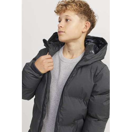 JACK & JONES JUNIOR gewatteerde winterjas JJPAYNE donkergrijs Jongens Polyester Capuchon - maat 140 afbeelding