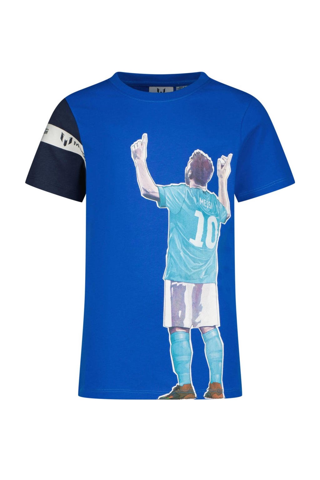 Blauwe jongens Messi T-shirt Sky van katoen met printopdruk, korte mouwen en ronde hals