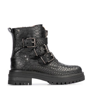 Monk leren enkelboots met crocoprint zwart