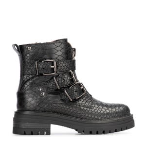 Monk leren enkelboots met crocoprint zwart