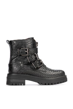 Monk leren enkelboots met crocoprint zwart