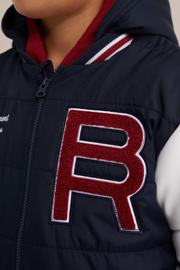 thumbnail: Blauwe jongens WE Fashion baseball jacket van polyester met meerkleurige print, lange mouwen, capuchon en ritssluiting