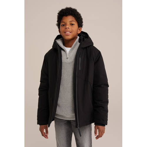 WE Fashion winterjas zwart Jongens Polyester Capuchon Effen - maat 170/176 afbeelding
