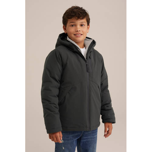WE Fashion winterjas donkergroen Jongens Polyester Capuchon Effen - maat 146/152 afbeelding
