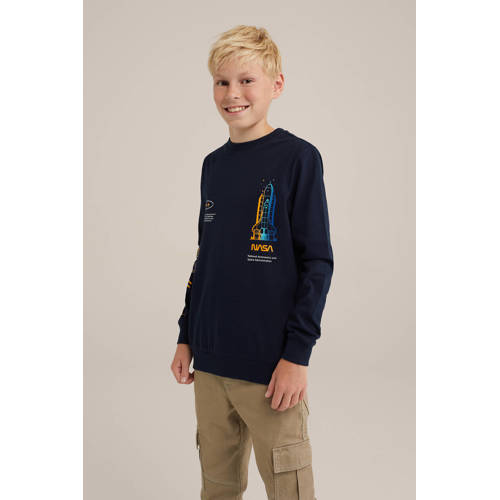 WE Fashion sweater met printopdruk donkerblauw Printopdruk 158 164