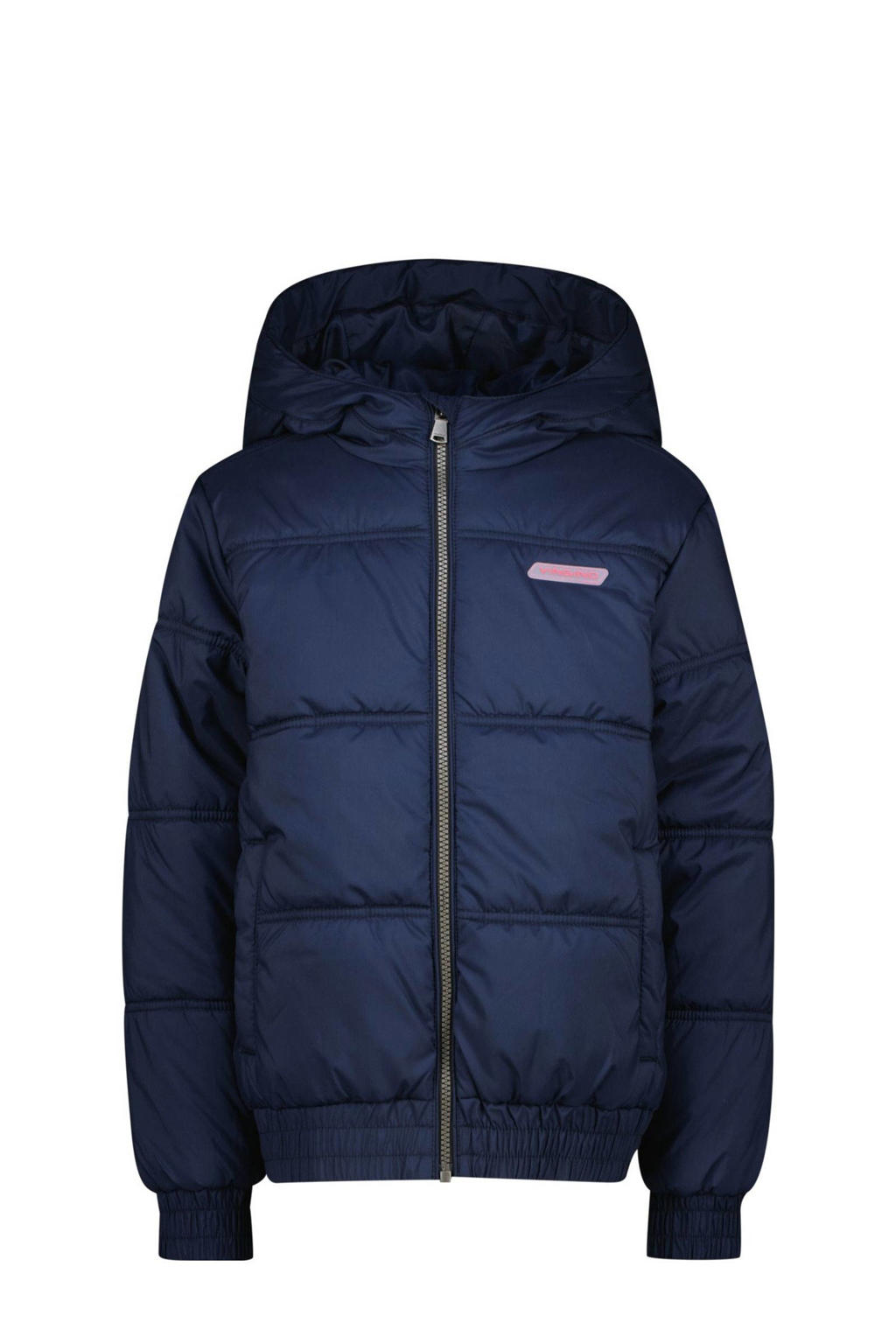 Blauwe meisjes Vingino gewatteerde winterjas Timbly van nylon met effen, lange mouwen, capuchon en ritssluiting