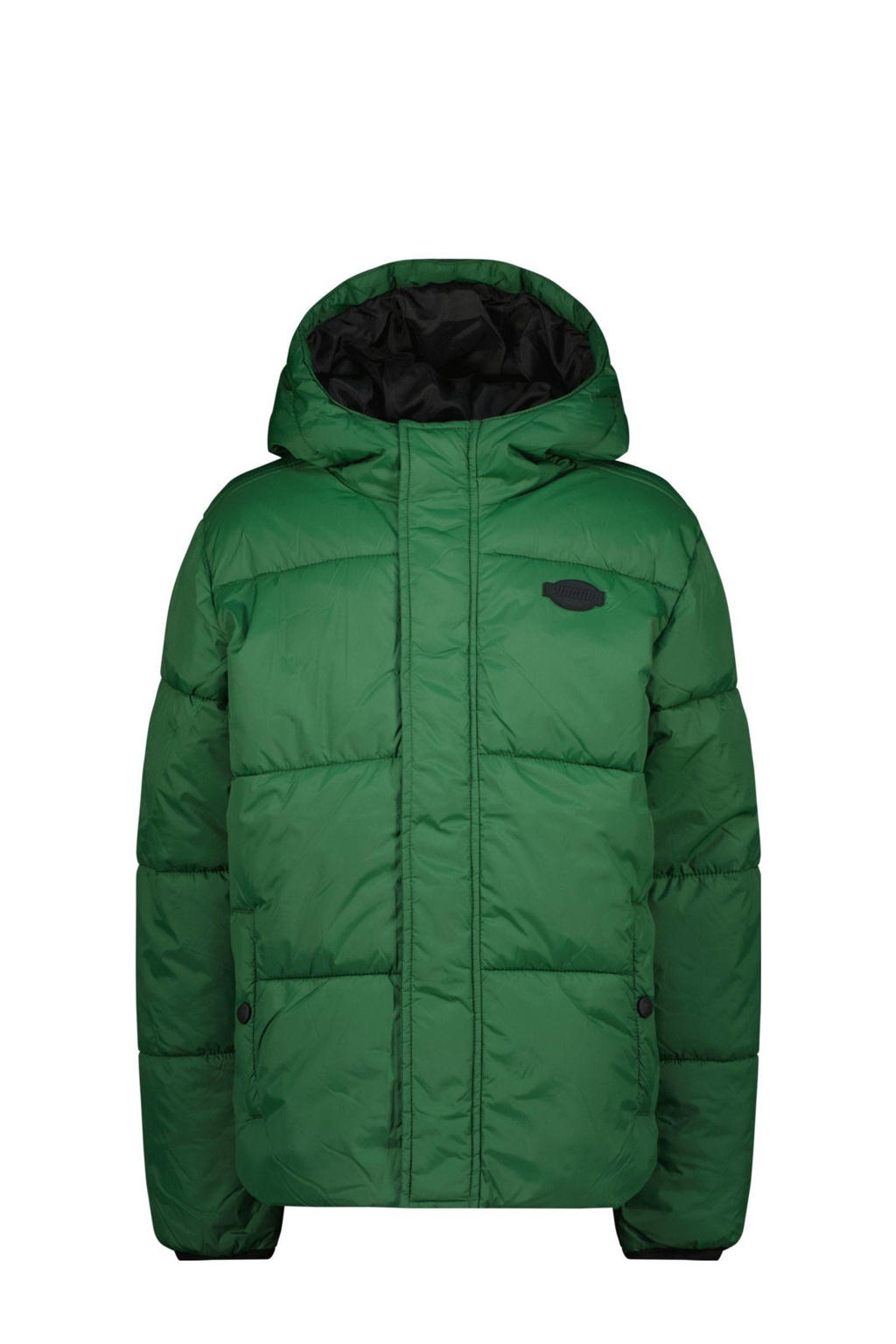Groene jongens Vingino gewatteerde winterjas Tijs van nylon met effen, lange mouwen, capuchon en rits- en drukknoopsluiting