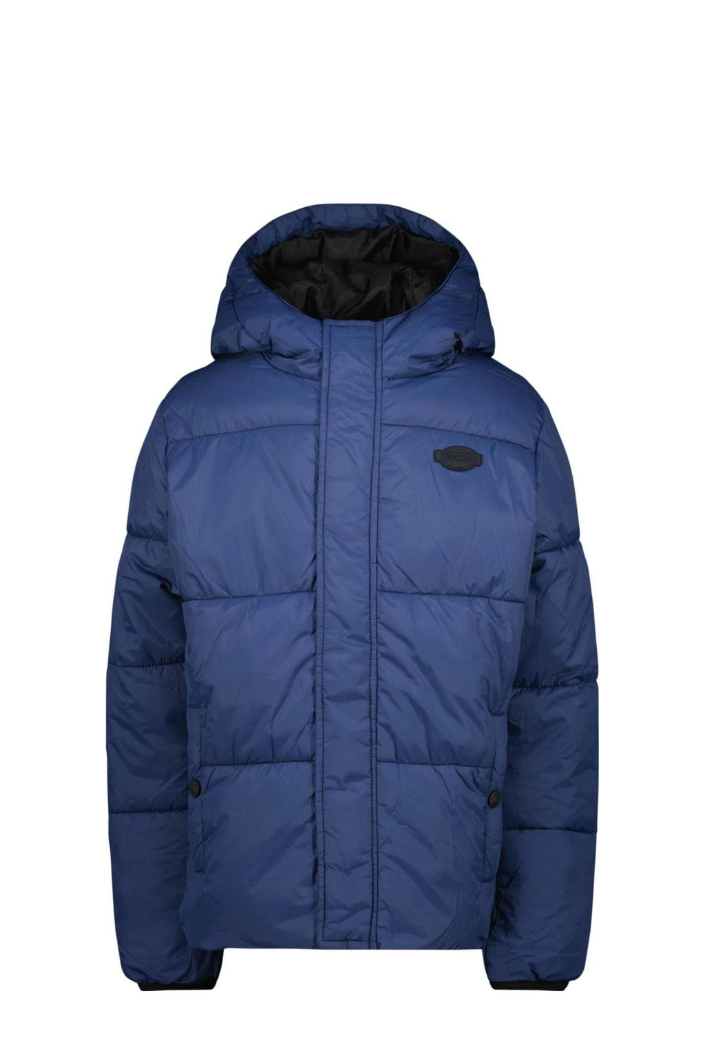 Blauwe jongens Vingino gewatteerde winterjas Tijs van nylon met effen, lange mouwen, capuchon en rits- en drukknoopsluiting