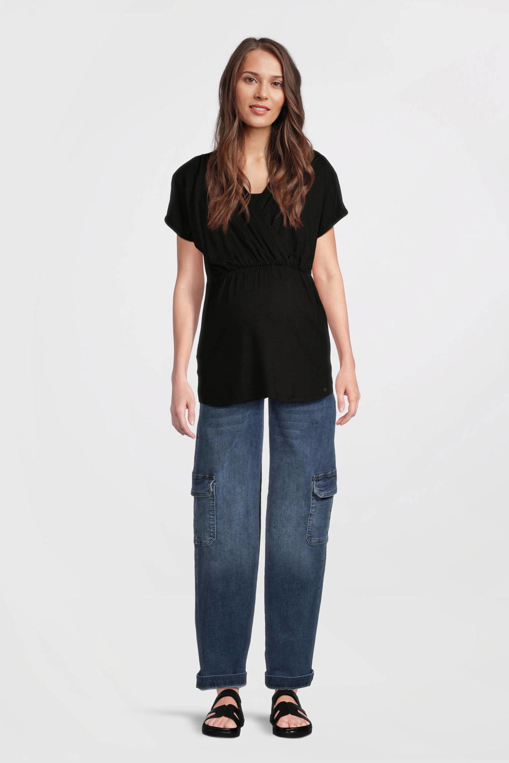 Stonewashed dames LOVE2WAIT low waist zwangerschaps cargo jeans van denim met effen