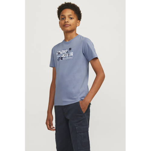 jack & jones JUNIOR T-shirt met printopdruk grijsblauw Jongens Katoen Ronde hals 152