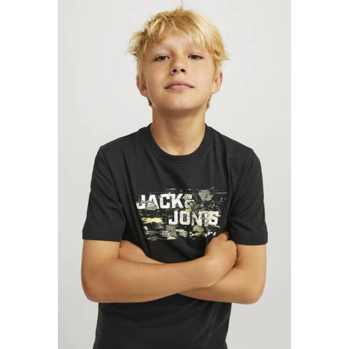 jack & jones JUNIOR T-shirt met printopdruk zwart Jongens Katoen Ronde hals 164