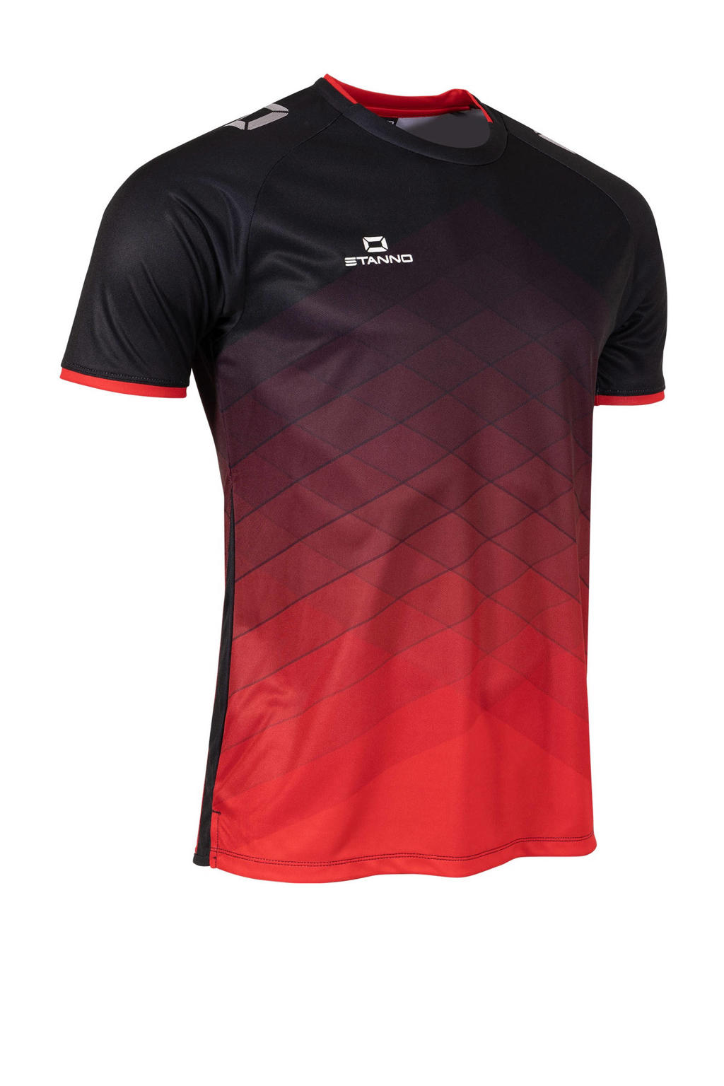 Zwart en rode jongens en meisjes Stanno voetbalshirt Altius van polyester met korte mouwen en ronde hals