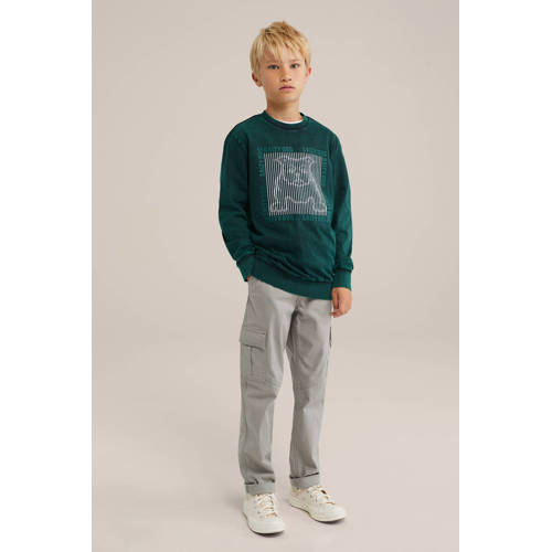 WE Fashion longsleeve met printopdruk donkergroen wit Jongens Katoen Ronde hals 170 176