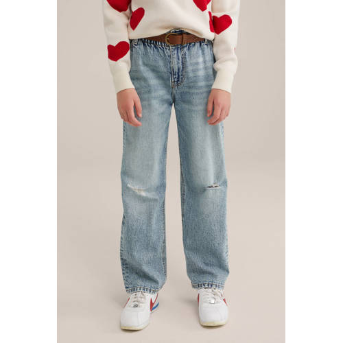 WE Fashion high waist straight fit jeans light blue denim Blauw Effen 122