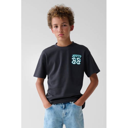 Shoeby T-shirt met backprint antraciet Grijs Jongens Katoen Ronde hals 170 176