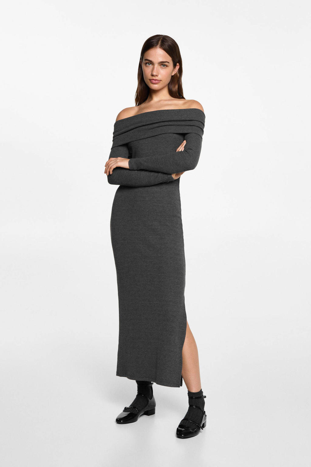 MANGO TEEN off shoulder bodycon jurk donkergrijs