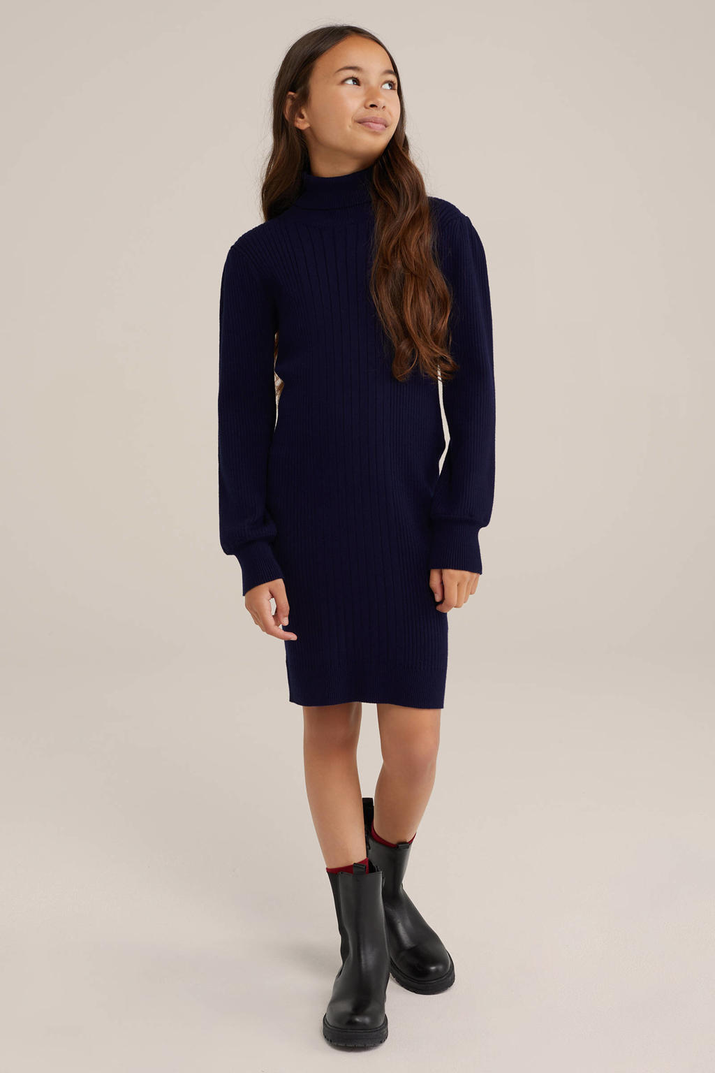 Blauwe meisjes WE Fashion bodycon jurk van viscose met effen, lange mouwen en opstaande kraag