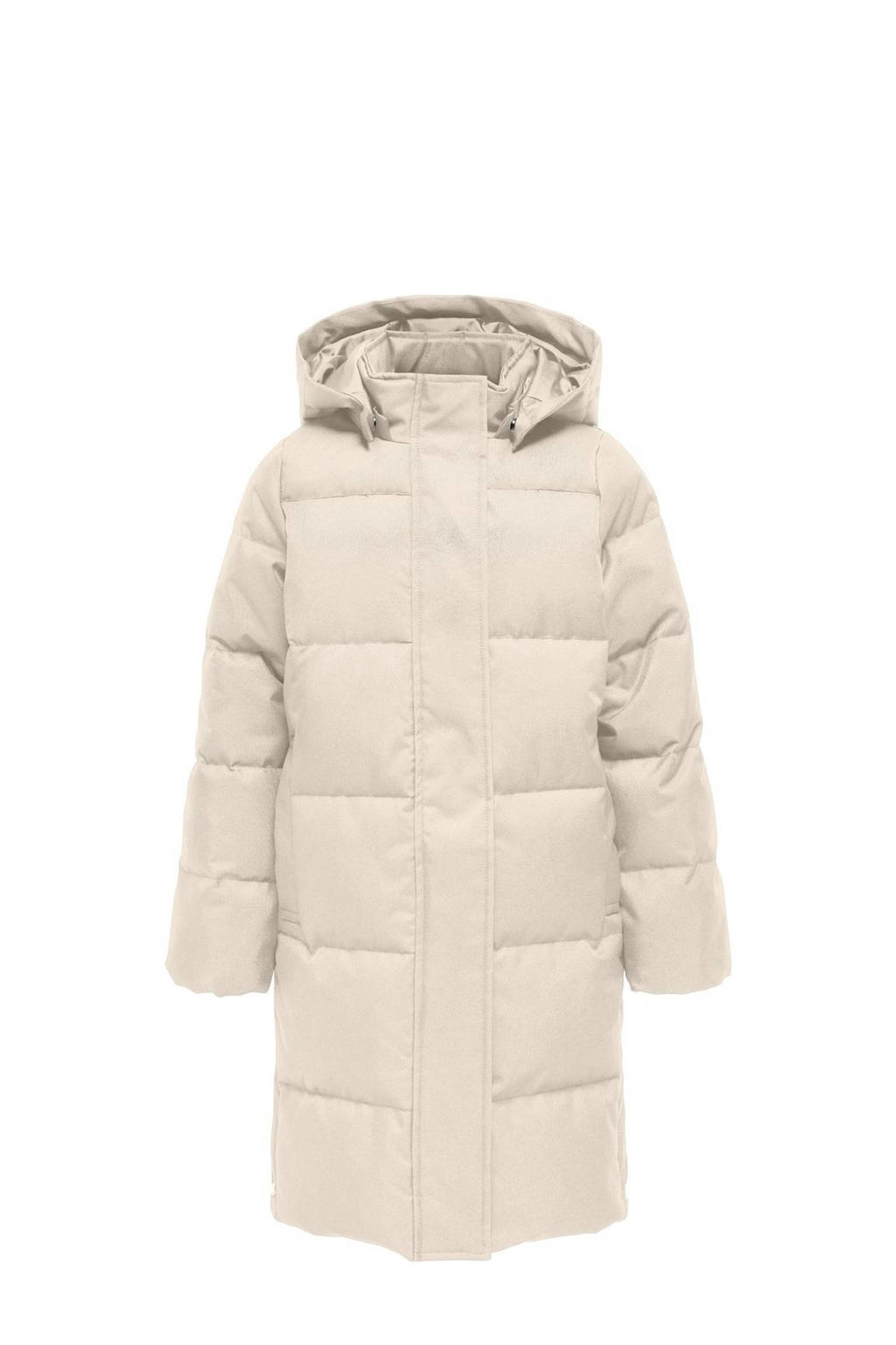 Beige meisjes KIDS ONLY GIRL gewatteerde winterjas met effen, lange mouwen, capuchon en rits- en drukknoopsluiting