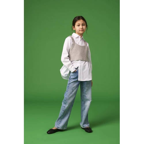 KIDS ONLY GIRL blouse met cropped spencer KOGZOE wit/grijs Meisjes Viscose Klassieke kraag