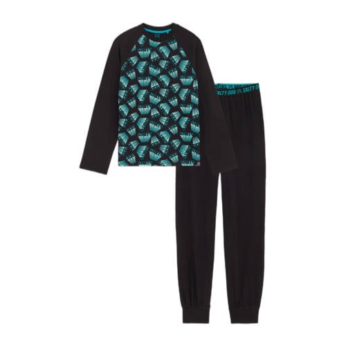 WE Fashion pyjamaset zwart/blauw Jongens Stretchkatoen Ronde hals All over print