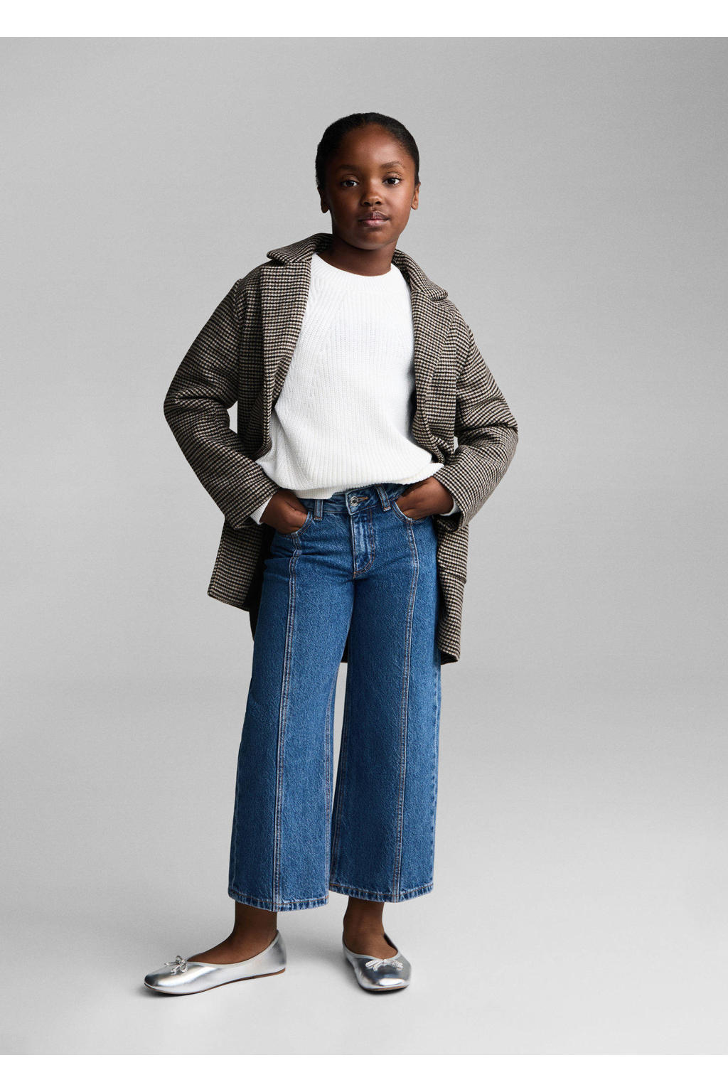 Bruine meisjes Mango Kids winterjas van polyester met pied de poule dessin, lange mouwen, reverskraag en knoopsluiting