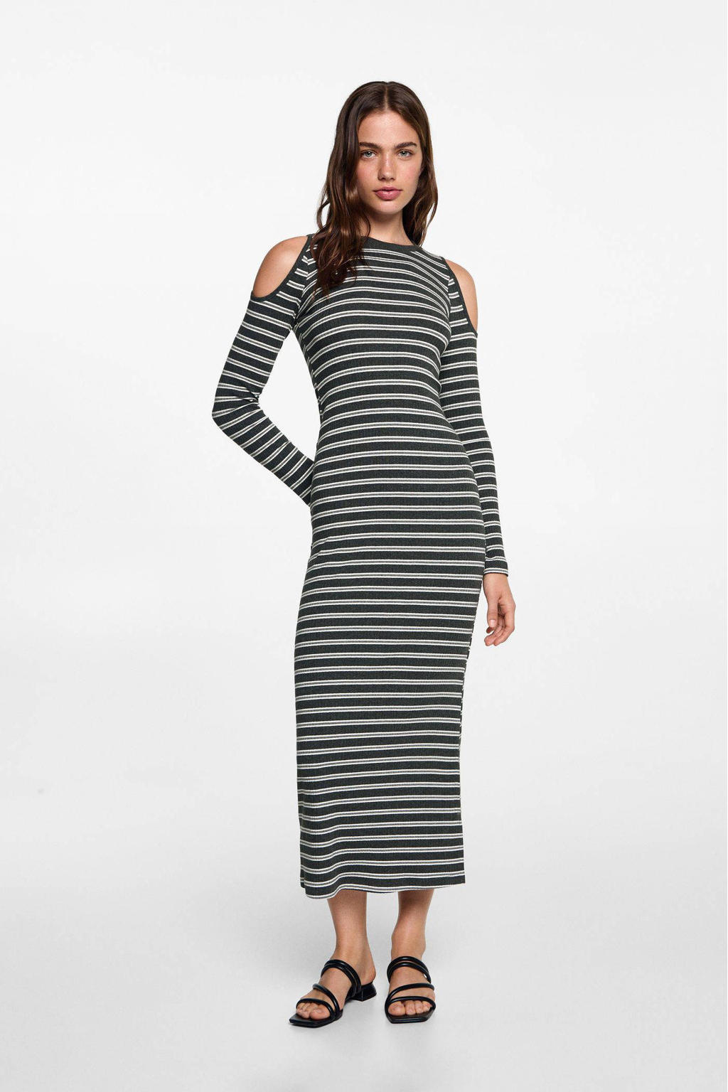 Antraciete meisjes MANGO TEEN gestreepte open shoulder bodycon jurk met lange mouwen en ronde hals