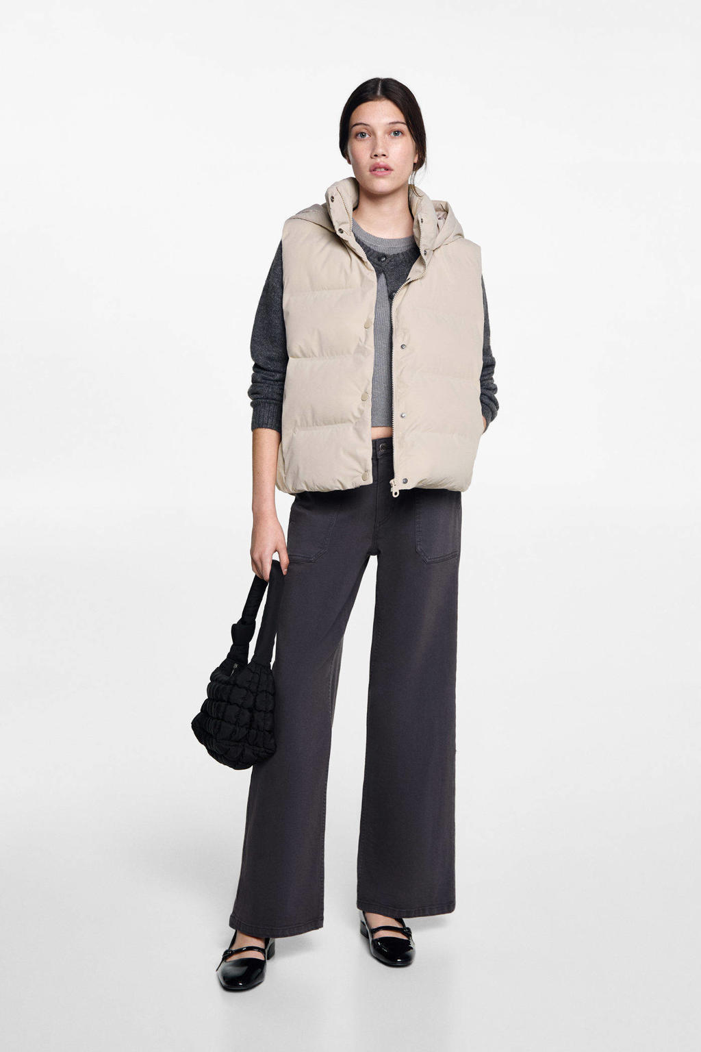 Ecru meisjes MANGO TEEN bodywarmer van polyester met capuchon en drukknoopsluiting