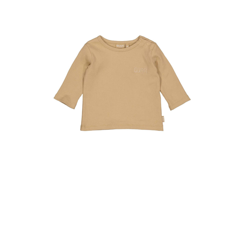Beige jongens Quapi Newborn baby ribgebreide longsleeve van katoen met effen, lange mouwen, ronde hals en drukknoopsluiting