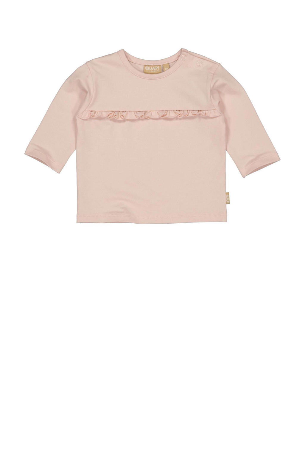 Roze meisjes Quapi Newborn baby longsleeve van katoen met effen, lange mouwen, ronde hals, drukknoopsluiting en ruches