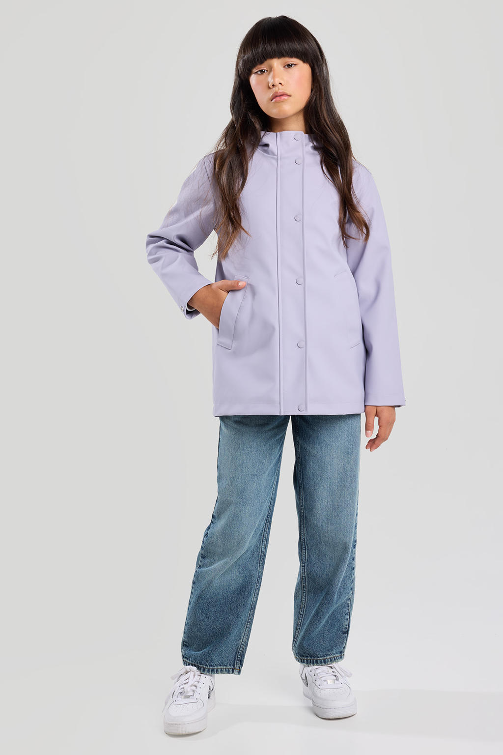 Paarse meisjes America Today regenjas van polyester met effen, lange mouwen, capuchon en rits- en knoopsluiting
