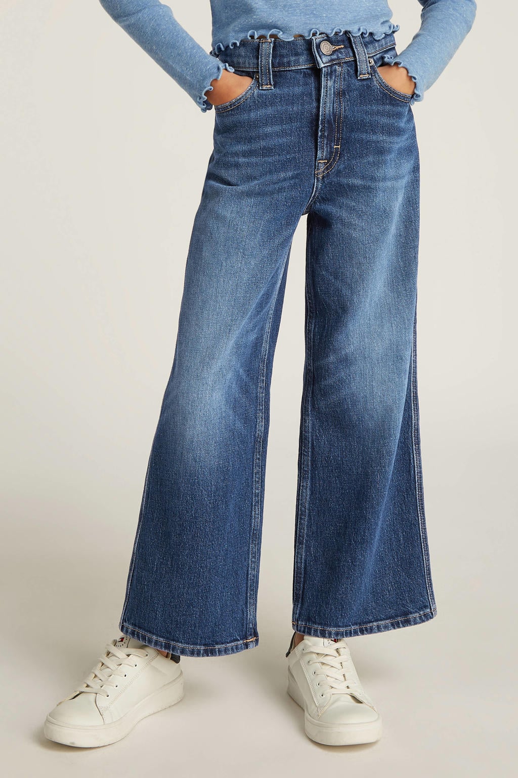 Dark blue denim meisjes Tommy Hilfiger wide leg high waist jeans dark blue van denim met rits- en knoopsluiting en effen