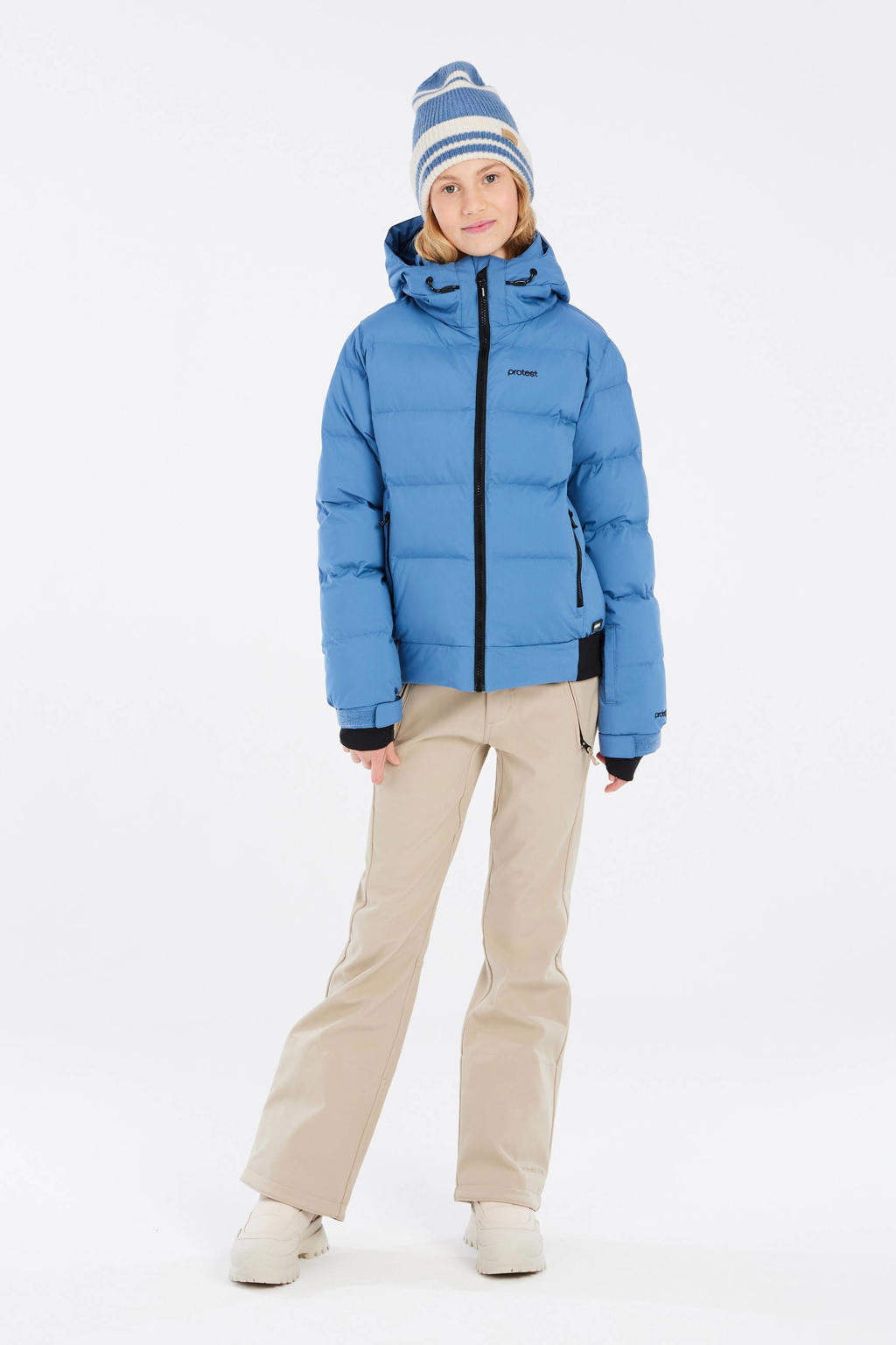 Blauwe meisjes Protest ski-jas Eliny Jr met meerkleurige print en capuchon