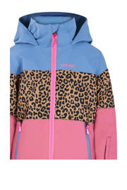 thumbnail: Blauw, roze en camelkleurige meisjes Protest ski-jack Fancy TD met meerkleurige print, capuchon en rits met windvanger