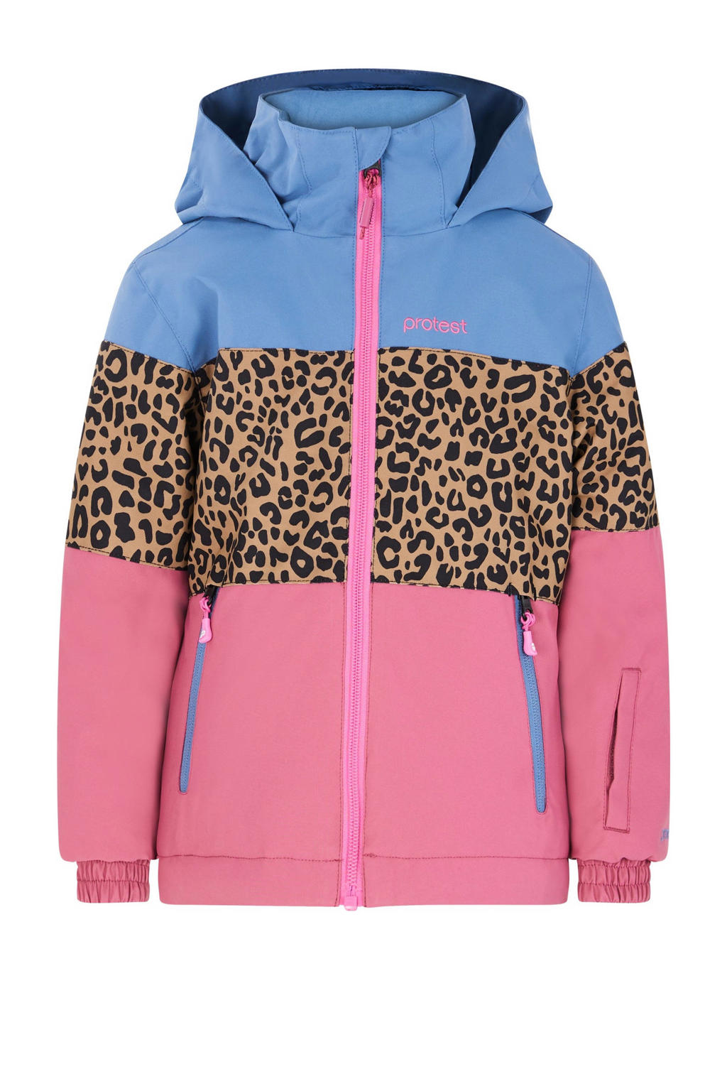 Blauwe meisjes Protest ski-jack Fancy TD van polyester met meerkleurige print, capuchon en rits met windvanger