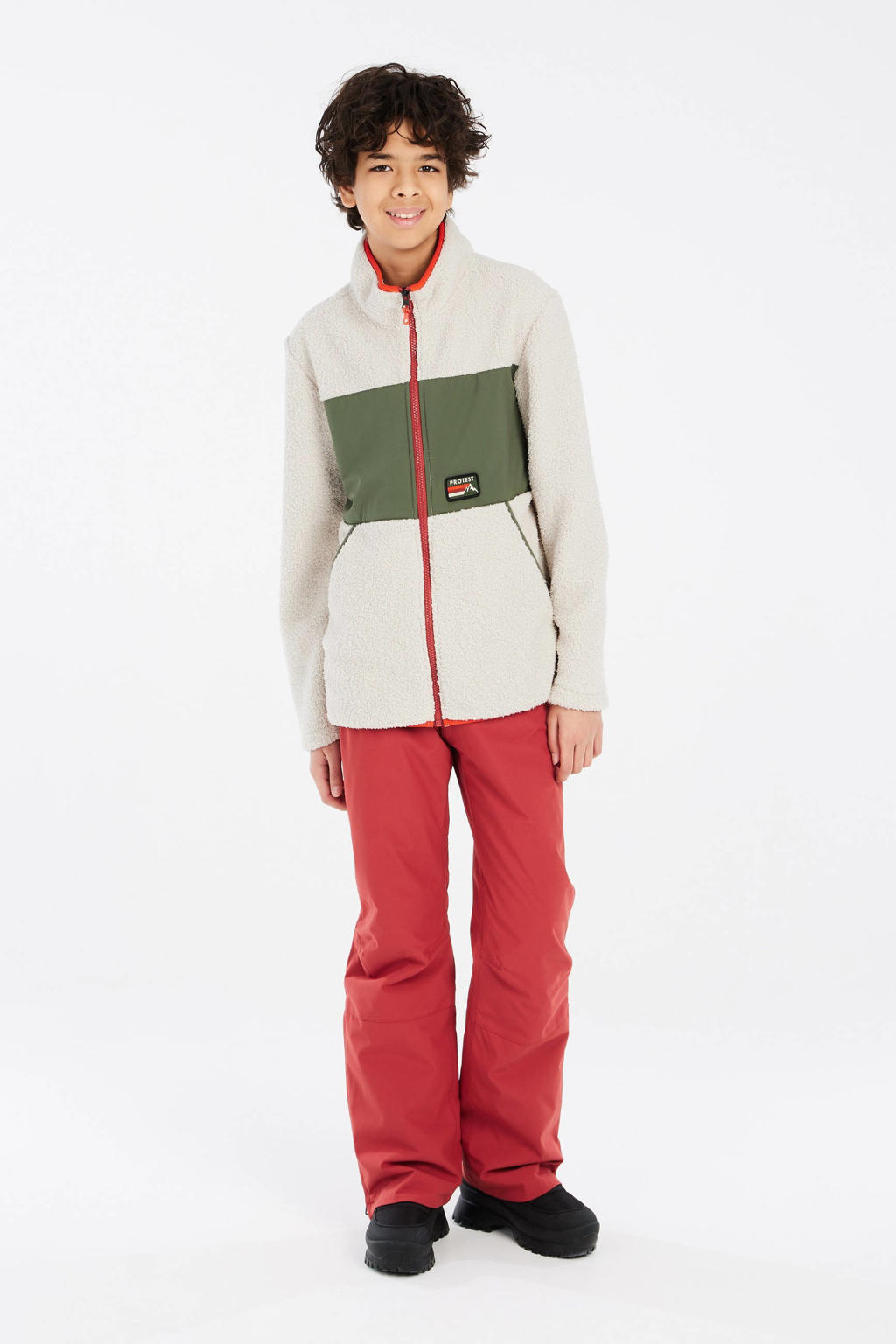 Ecru jongens en meisjes Protest fleece vest met meerkleurige print, lange mouwen, opstaande kraag en ritssluiting