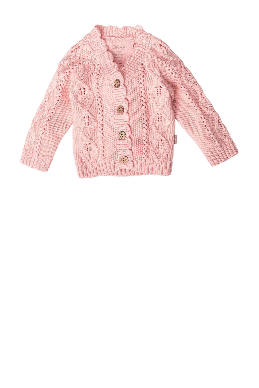 Roze meisjes BESS baby vest patroon met effen, lange mouwen, V-hals, knoopsluiting en open breisel