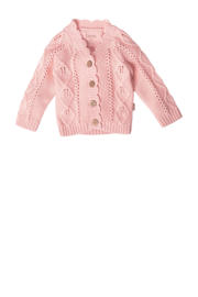 thumbnail: Roze meisjes BESS baby vest patroon met effen, lange mouwen, V-hals, knoopsluiting en open breisel