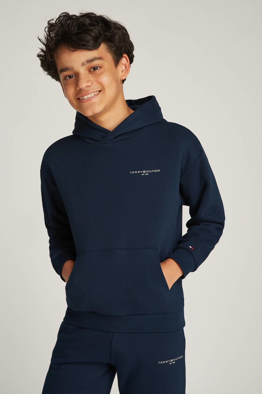 Blauwe jongens en meisjes Tommy Hilfiger hoodie van katoen met effen, lange mouwen en capuchon