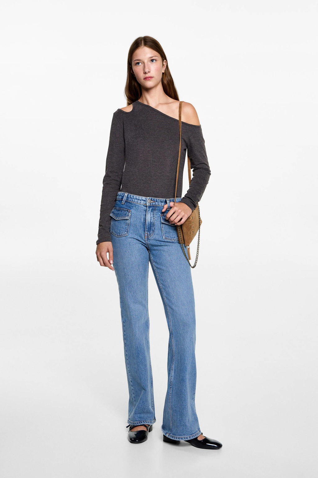 Grijze meisjes MANGO TEEN one shoulder top met lange mouwen en open detail
