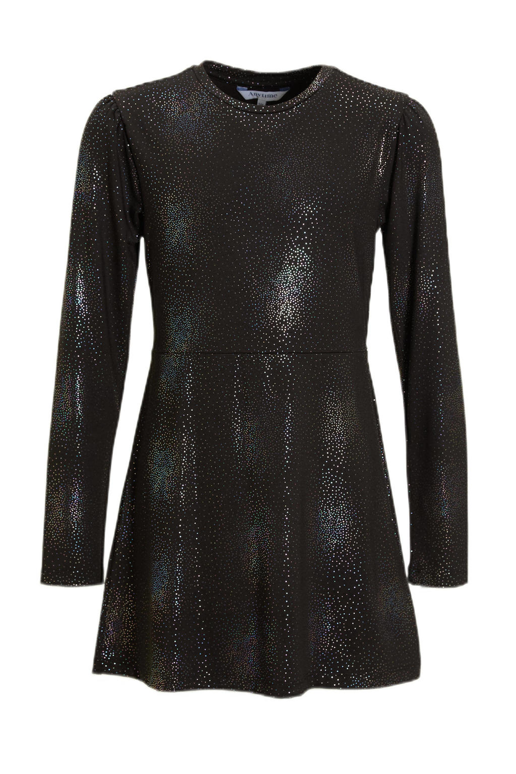 Zwarte meisjes Anytime A-lijn jurk van polyester met stippenprint, lange mouwen, ronde hals, elastische inzet en glimmend detail