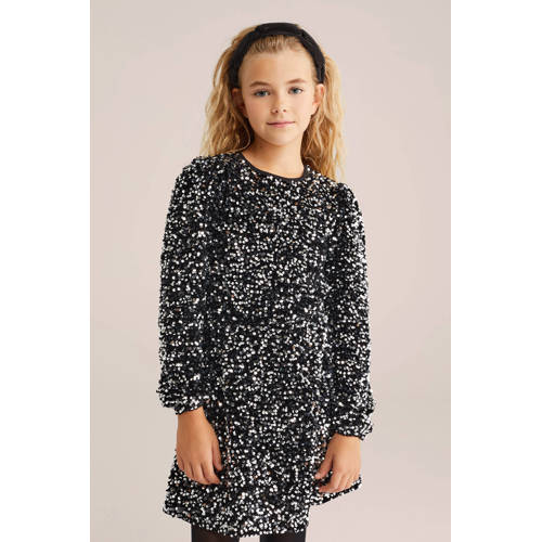 WE Fashion jurk zilver Meisjes Polyester Ronde hals Effen - maat 98/104 - pailletten afbeelding