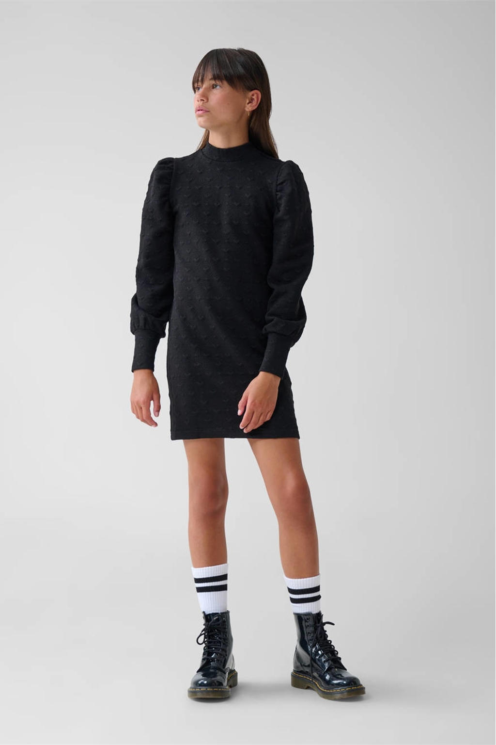 Zwarte meisjes Shoeby jurk van polyester met effen, lange mouwen, opstaande kraag, knoopsluiting en textuur