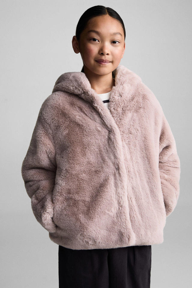 Baby meisjes jas imitatiebont met capuchon in de kleur zwart 100% Polyester, Voering