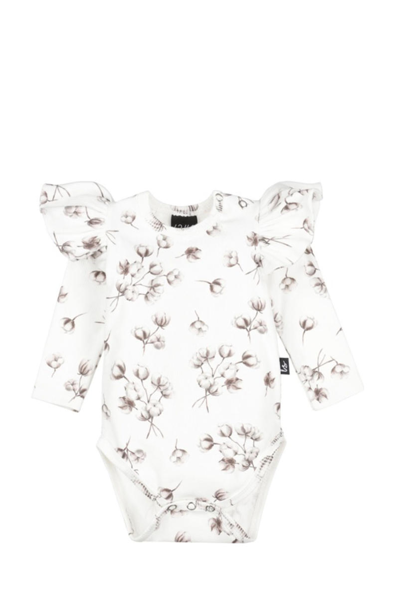 Babystyling romper rmet ruches offwhite/grijsbruin | kleertjes.com