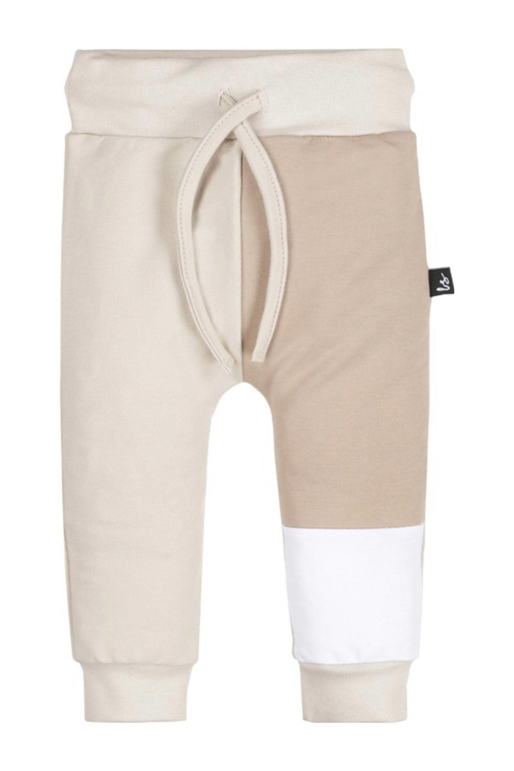 Beige, zand en witte jongens Babystyling babybroek van stretchkatoen met elastische tailleband met koord en ruitenprint