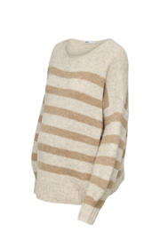 thumbnail: Beige en lichtbruine dames ONLY MATERNITY gebreide zwangerschapstrui van polyester met strepenprint, lange mouwen en ronde hals