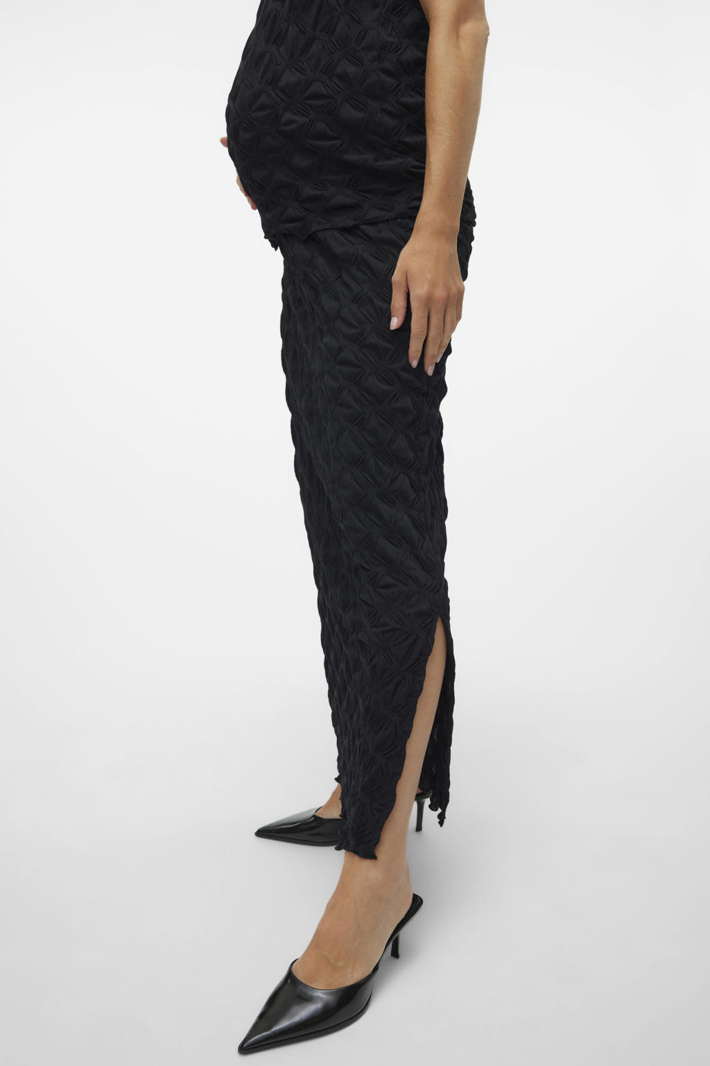 Zwarte dames MAMALICIOUS maxi zwangerschapsrok van polyester met regular waist, elastische tailleband en effen