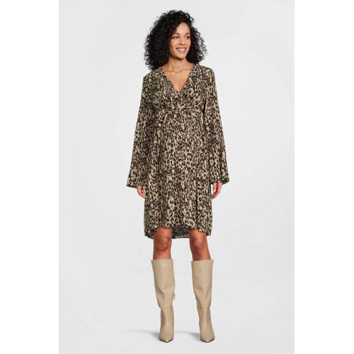 MAMALICIOUS zwangerschaps- en voedingsjurk MLKELSEY met panterprint bruin/zwart Dames Viscose V-hals - maat S afbeelding
