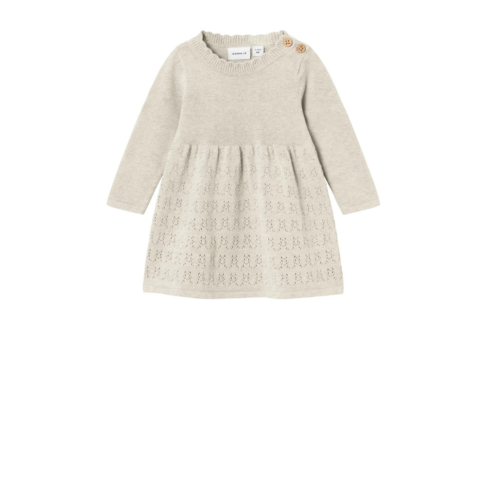 Beige meisjes NAME IT BABY baby fijngebreide A-lijn jurk van katoen met effen, lange mouwen en ronde hals